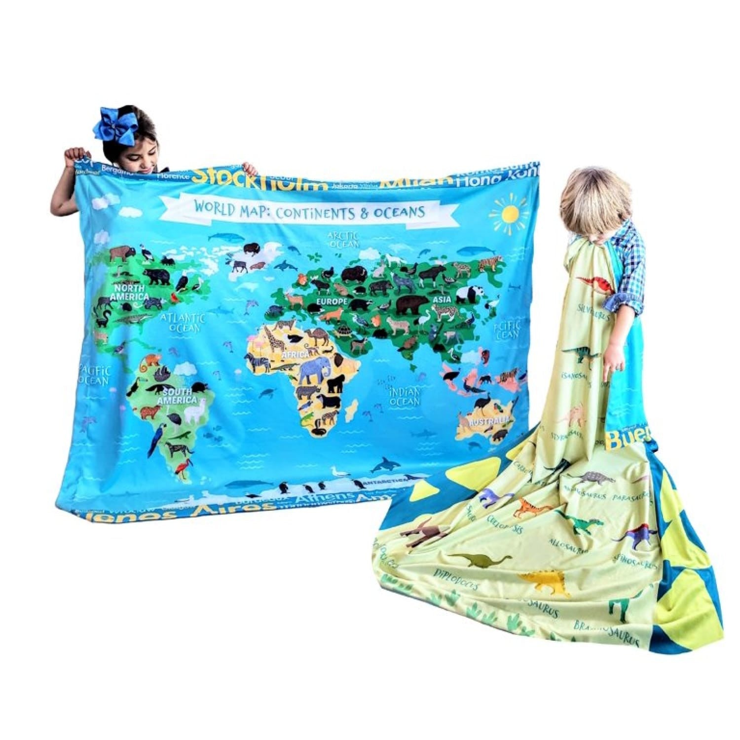 Birdy Boutique Children's Learning Blanket world map on side 1, dinosaur species on side 2