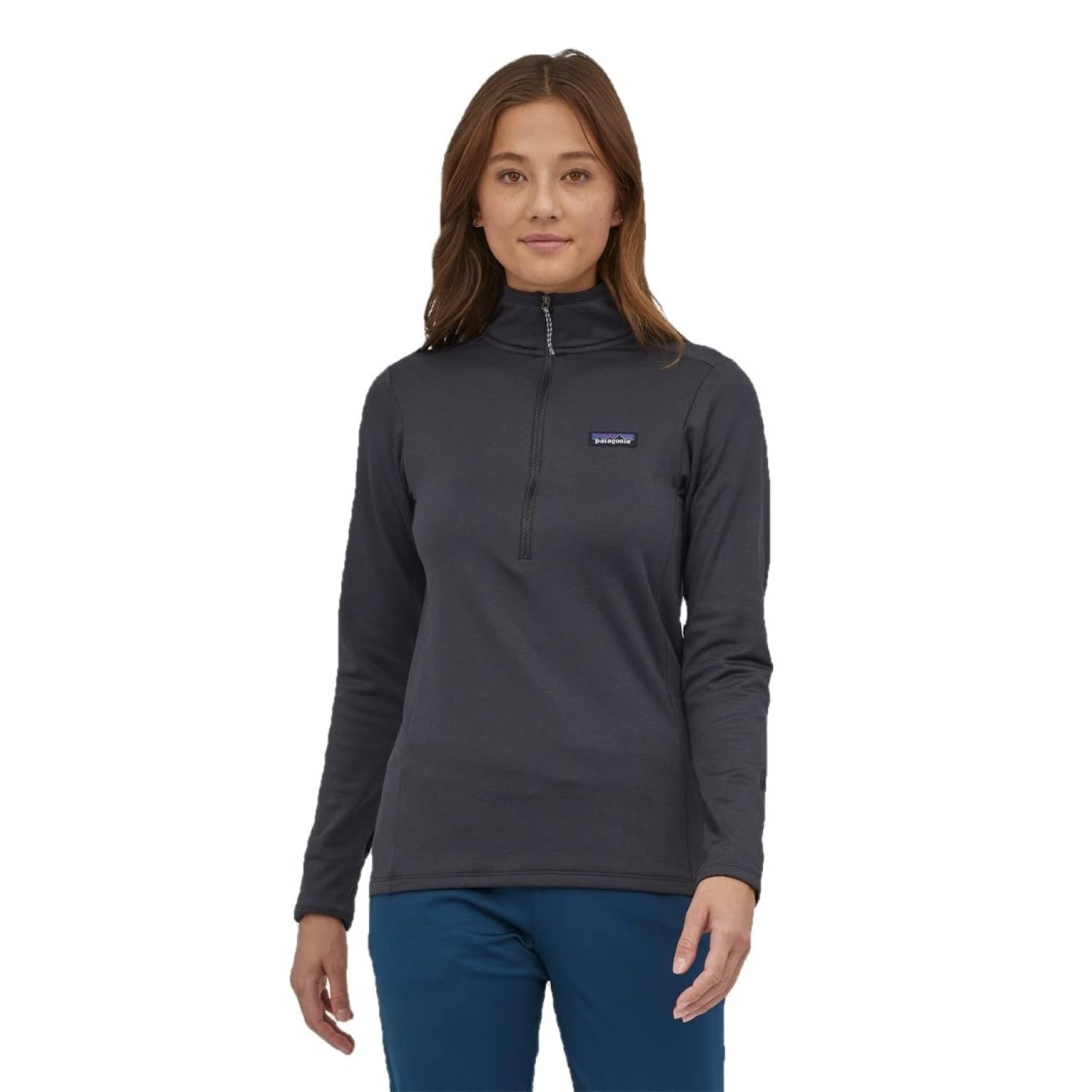 Patagonia W's R1® Daily Zip-Neck, Ink Black X-Dye, front view on model