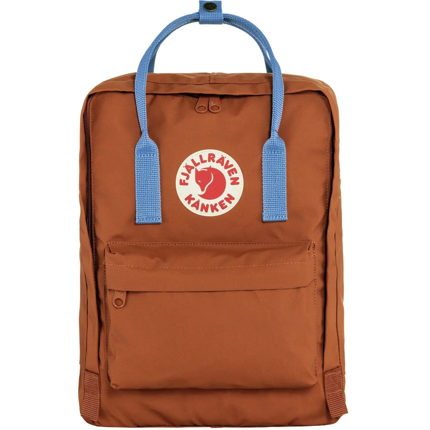 Fjallraven Kanken Backpack, terracotta brown color, with ultramarine blue straps, front view.