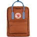 Fjallraven Kanken Backpack, terracotta brown color, with ultramarine blue straps, front view.